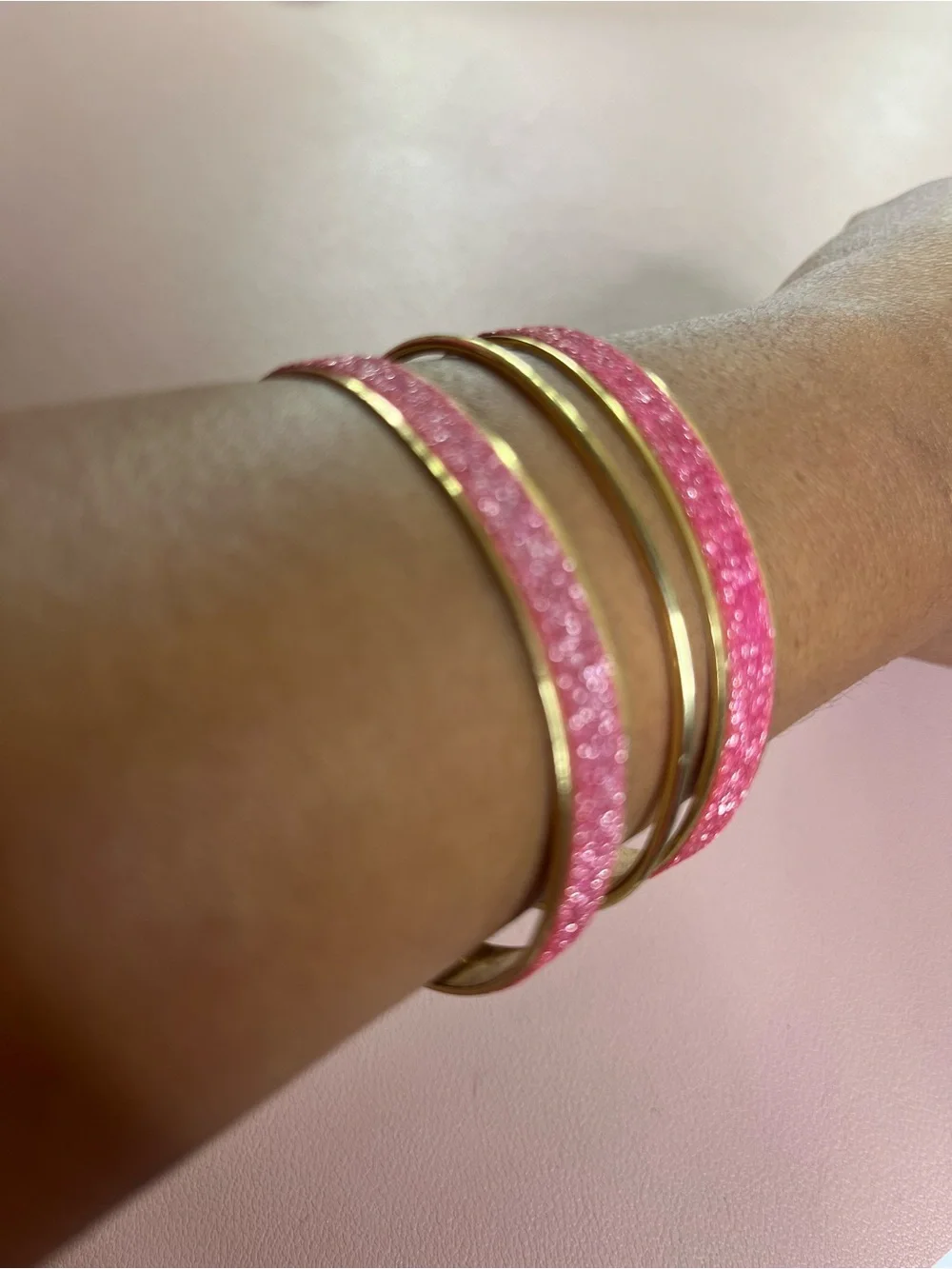 SHEIN Gold-Tone Pink Glitter Triple Band Cuff Bracelet